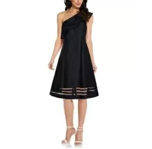 Adrianna Papell Black Cocktail Dress One Shoulder Ruffled A-Line Midi Size 8
